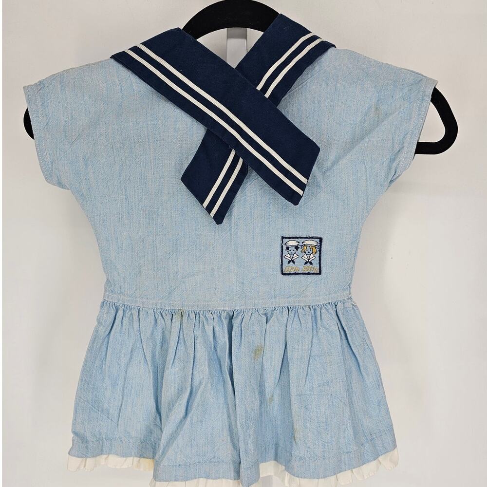 Vtg 1970s Little Bitty Toddler Girl Sz 3T Nautical Sailor Dress Blue Embroidered